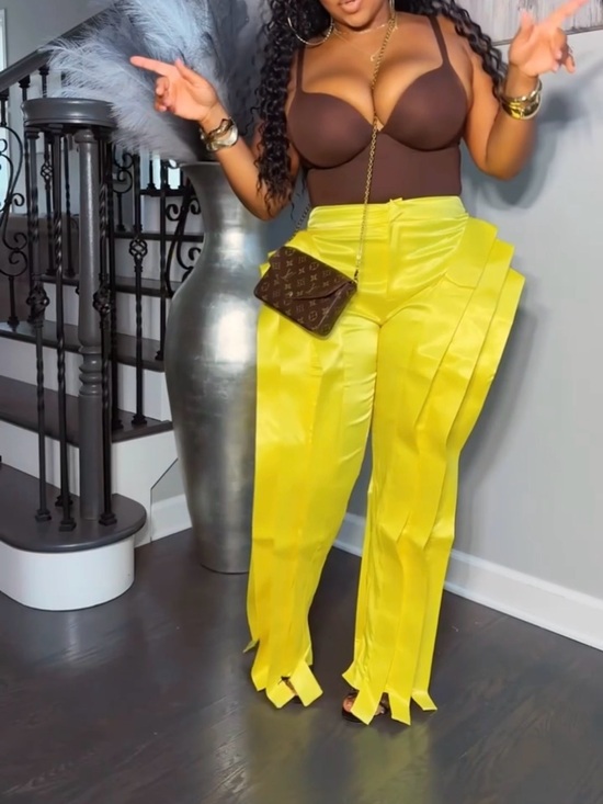 Pants - High-Waist Yellow Satin Wide-Leg Pants